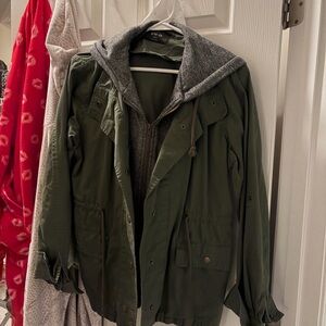 Active USA Olive Green Hooded Field Jacket with Gray Knit Lining